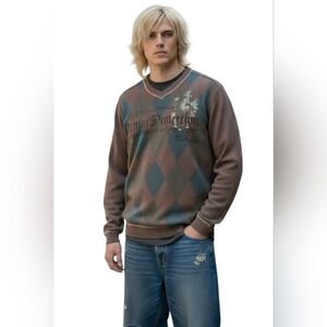 Vintage Y2K Point Zero Argyle Sweater Skater Grunge Brown Teal Small